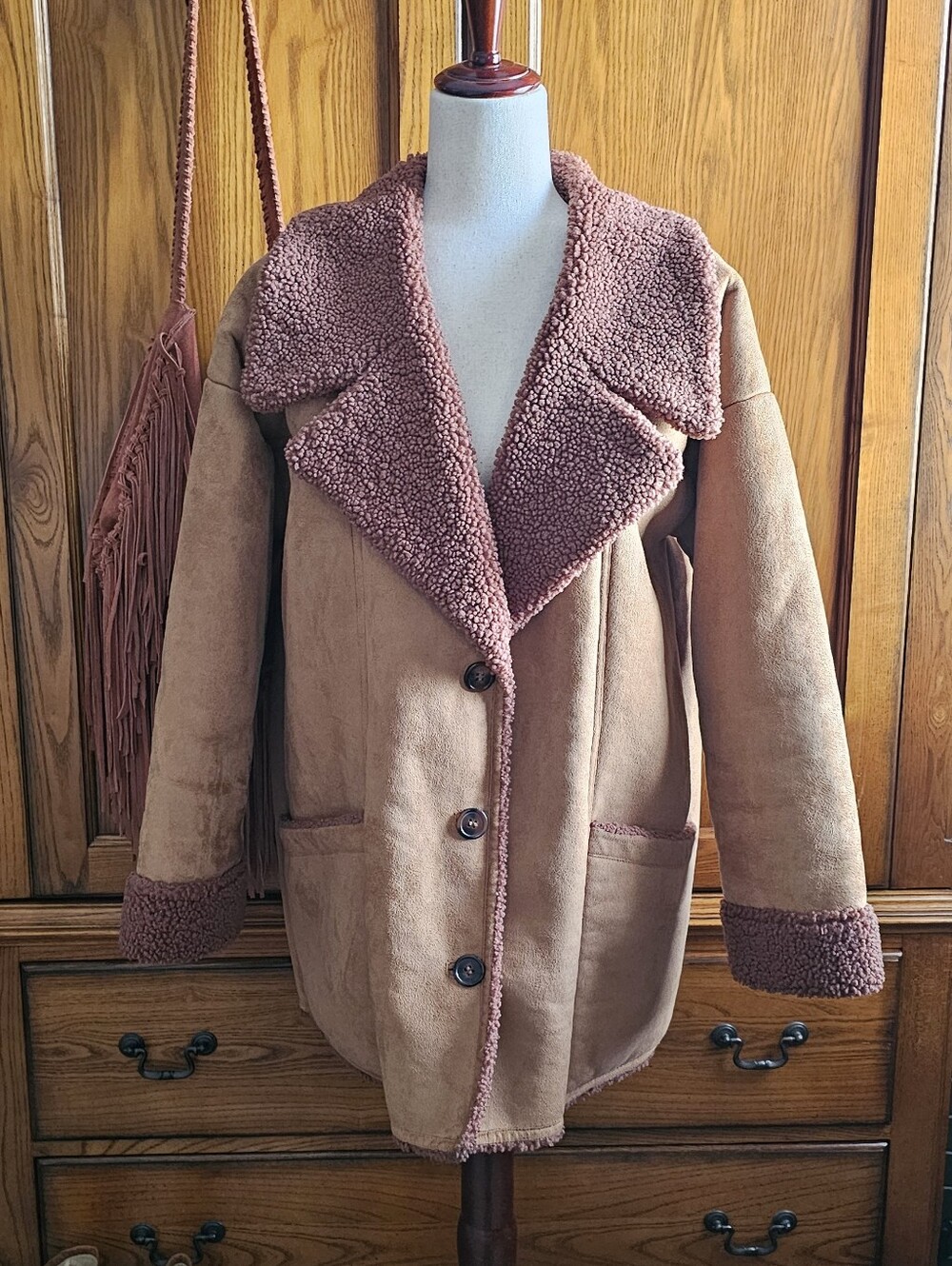 Free People Faux Suede Sherpa Coat S Tan Penny Lane Boho Western